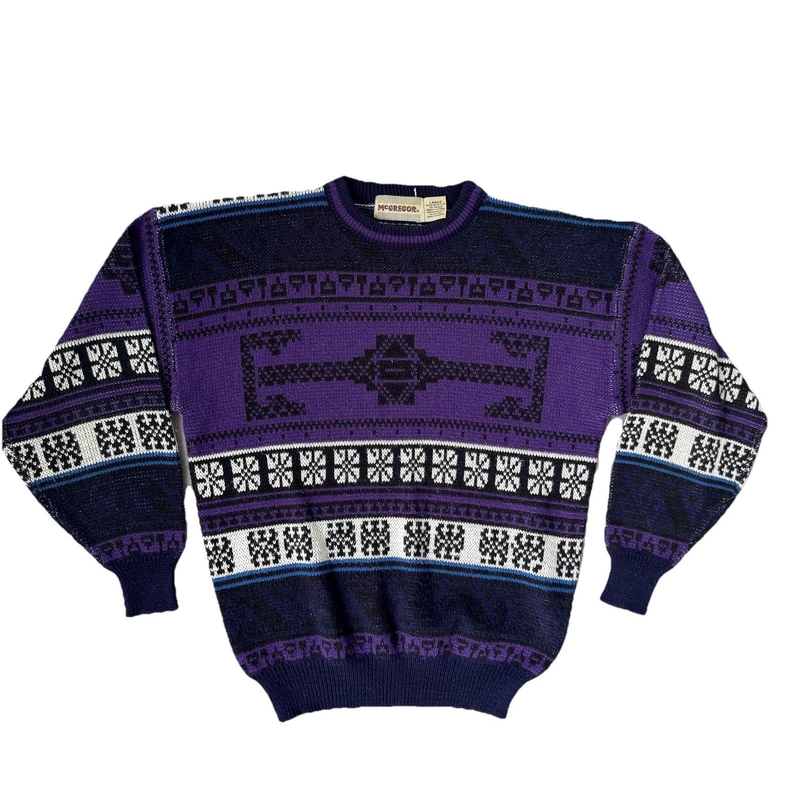 Vintage Mcgregor Sweater Mens Large Purple Fair Isle Geometric Knit Pullover